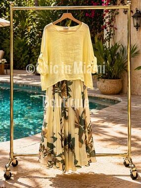 Italian Linen Yellow Linen Top with Tropical Floral Midi Dress